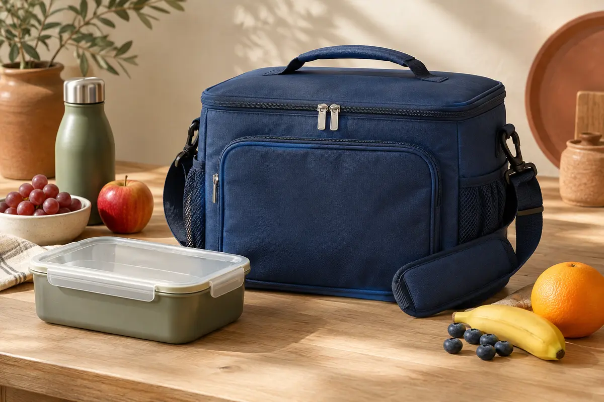 Sac repas isotherme bleu foncé avec poignée, bandoulière et poches, posé sur une table avec un repas.