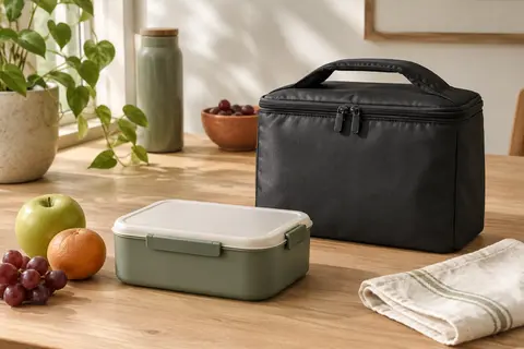Petit sac repas isotherme noir posé sur une table avec une boîte-repas compacte et des fruits.