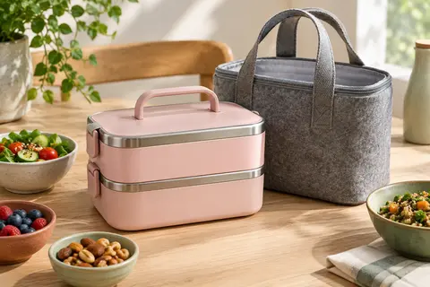 Boîte repas isotherme rose à deux niveaux en inox, accompagnée de son sac de transport