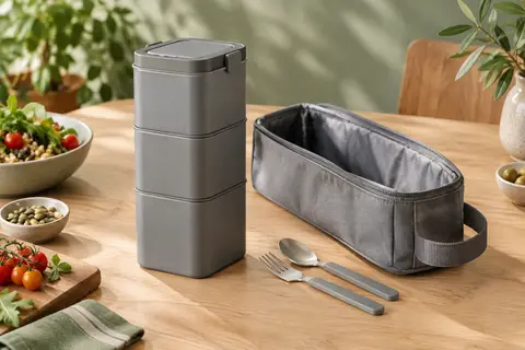 Boîte repas isotherme grise en colonne à trois niveaux, avec son sac repas et ses couverts sur une table en bois clair