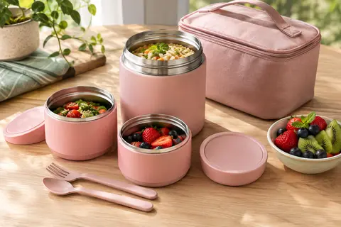 Boîte repas isotherme rose avec deux pots, des couverts et un sac, présentée avec un déjeuner