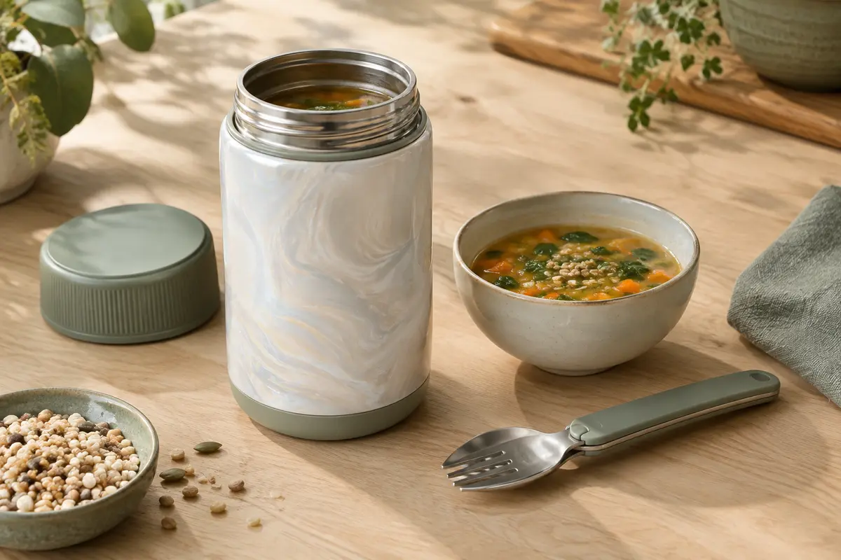 Pot repas isotherme clair à large ouverture, avec bouchon à vis et fourche-cuillère sur une table.