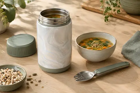 Pot repas isotherme clair à large ouverture, avec bouchon à vis et fourche-cuillère sur une table.