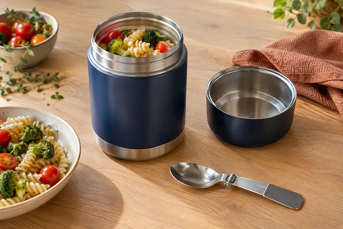 Boîte repas isotherme bleu marine avec couvercle-bol, cuillère pliable et plat de pâtes sur une table