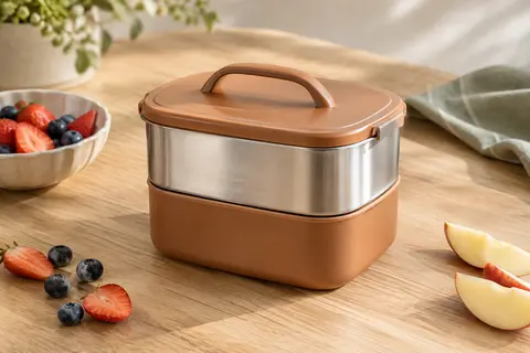 Boîte repas isotherme enfant à deux compartiments avec poignée, présentée avec des fruits sur une table claire