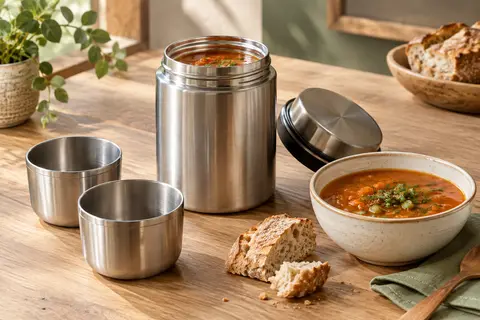Pot repas isotherme en acier inoxydable avec couvercle à vis et deux tasses de service amovibles.