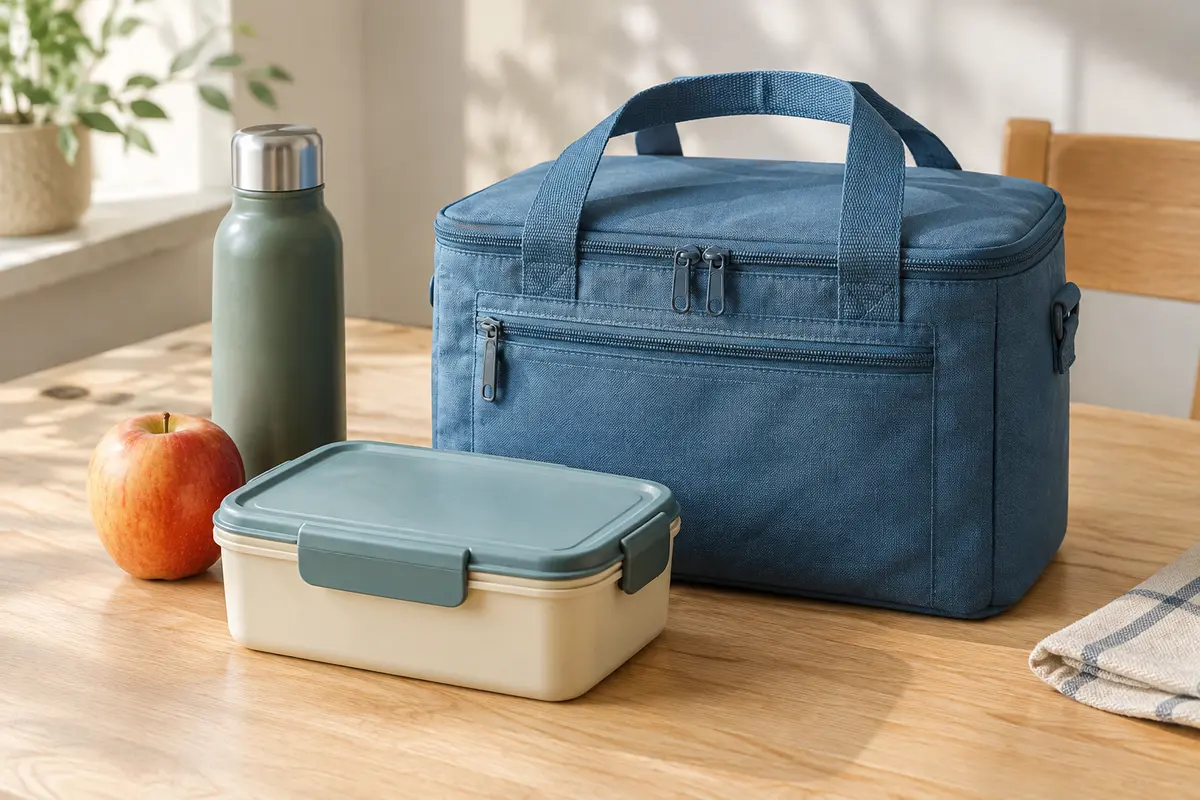 Sac repas isotherme bleu avec poche avant, posé près d’une boîte déjeuner et d’un fruit