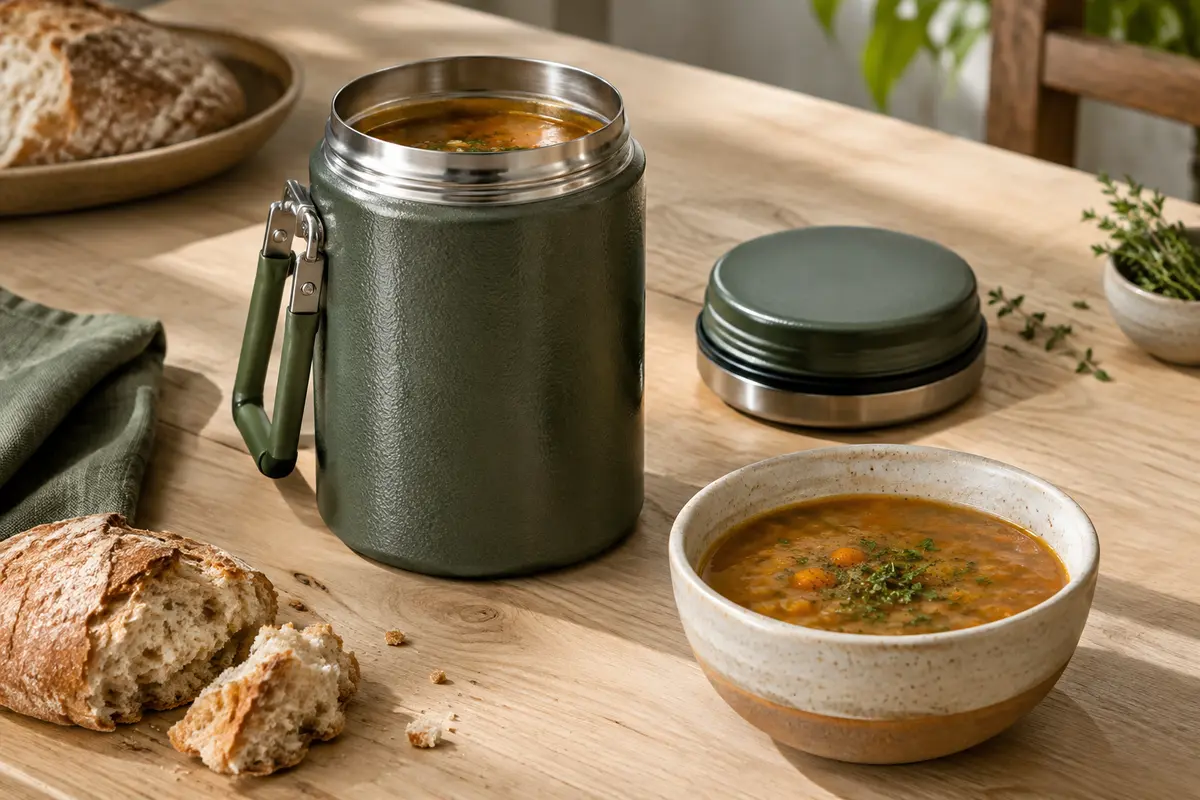Pot repas isotherme vert martelé à large ouverture, posé près d’un bol de soupe sur une table en bois clair.