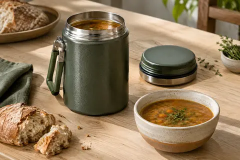 Pot repas isotherme vert martelé à large ouverture, posé près d’un bol de soupe sur une table en bois clair.