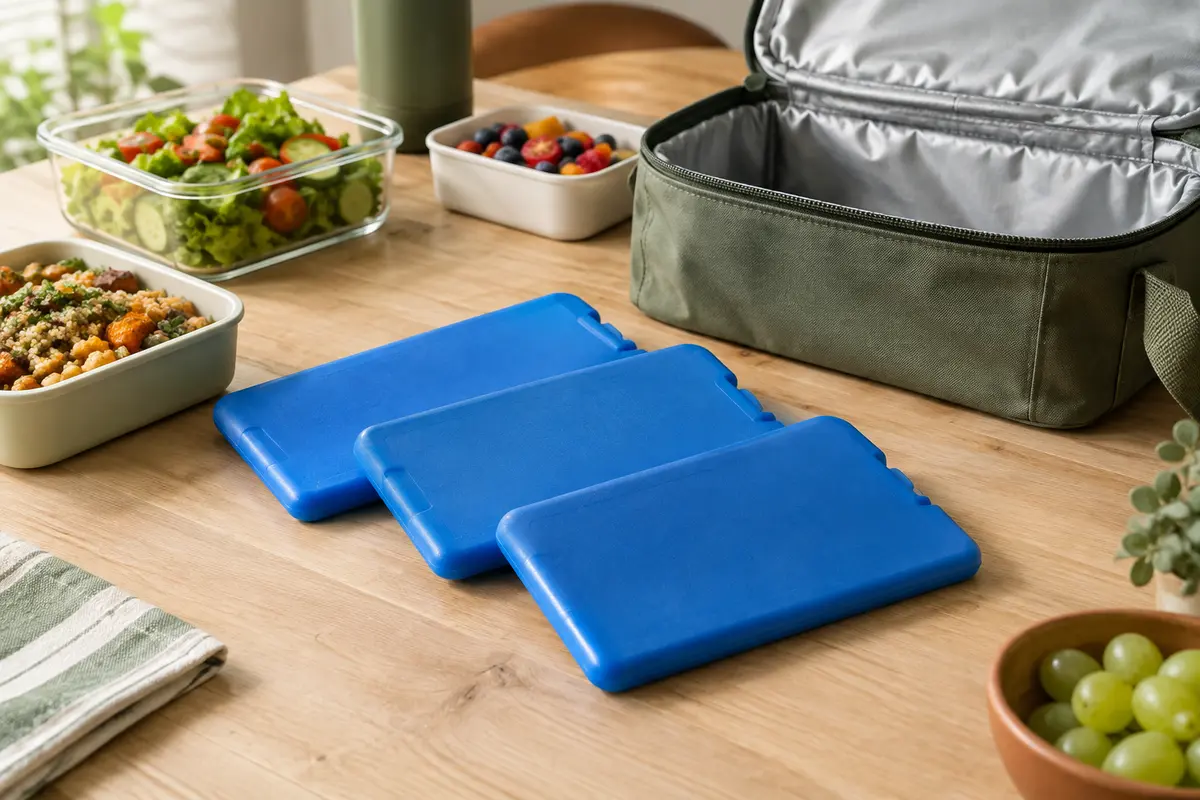 Trois blocs réfrigérants plats bleus posés près d’un sac repas isotherme et de contenants alimentaires