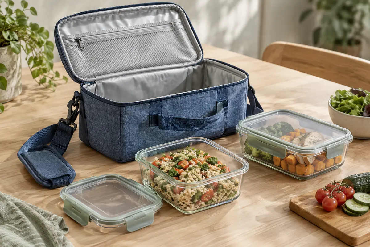 Sac repas isotherme bleu denim ouvert avec deux boîtes en verre et des aliments sur une table claire