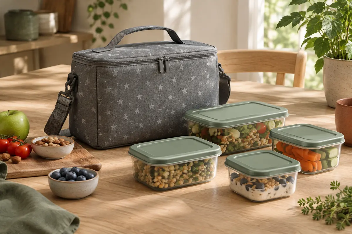 Sac repas isotherme gris à motif d’étoiles, accompagné de quatre boîtes sur une table en bois clair.