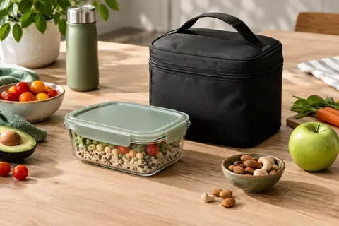 Sac repas isotherme noir avec poignée et boîte hermétique posés sur une table en bois clair.
