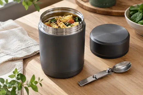 Pot repas isotherme graphite ouvert, avec couvercle-bol et cuillère pliable posés à côté
