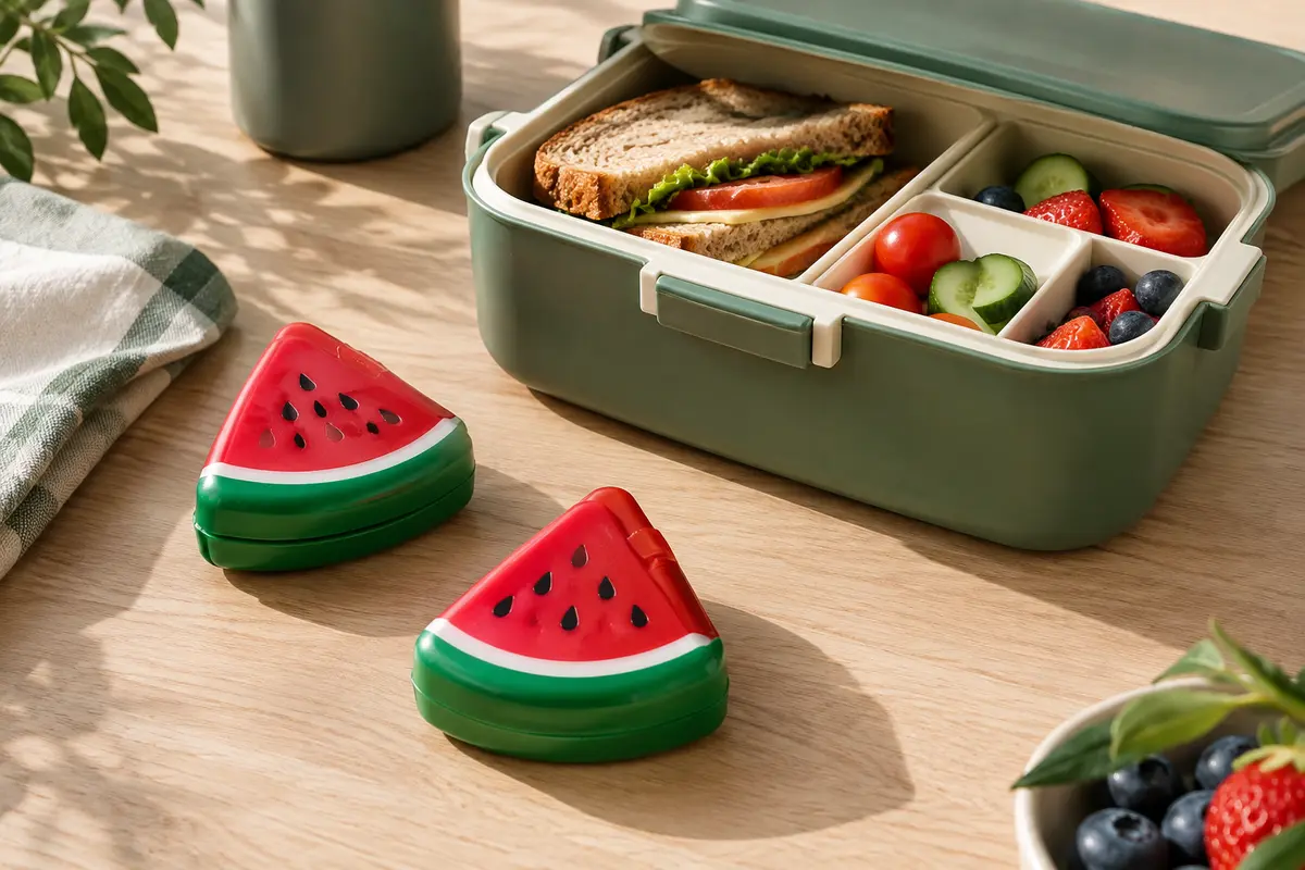 Deux blocs réfrigérants compacts au motif de pastèque posés près d’une lunch box ouverte