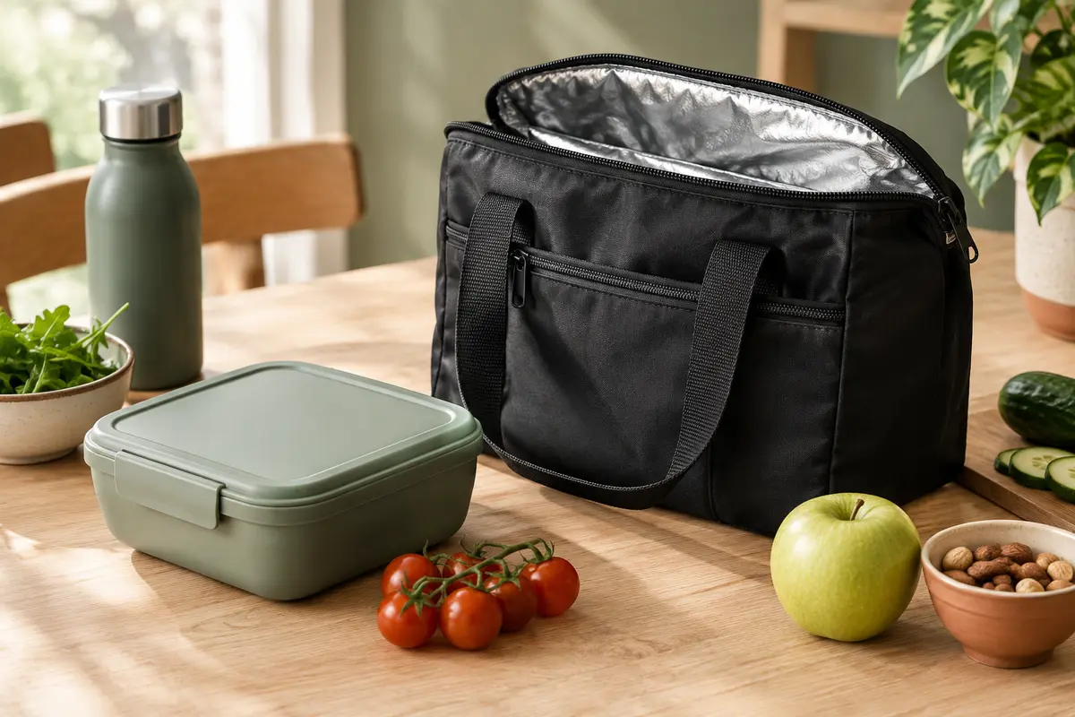 Sac isotherme noir avec doublure argentée, posé ouvert sur une table en bois avec un repas.