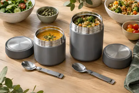 Deux pots repas isothermes gris en inox avec couvercles et cuillères pliantes, présentés près d’un repas.