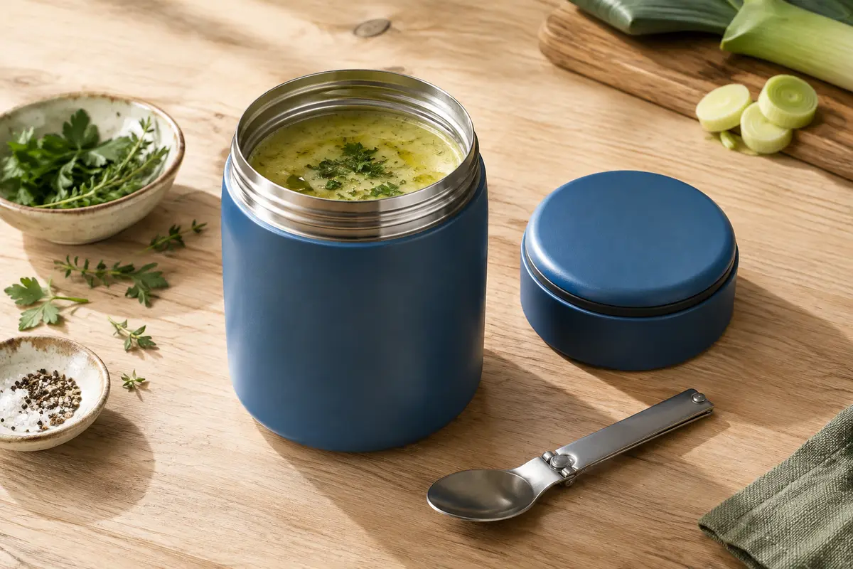 Pot repas isotherme bleu à large ouverture, accompagné de sa cuillère pliable et d’un bol de soupe