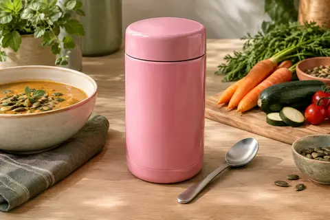 Pot repas isotherme rose bonbon à large ouverture posé sur une table avec une cuillère en acier.