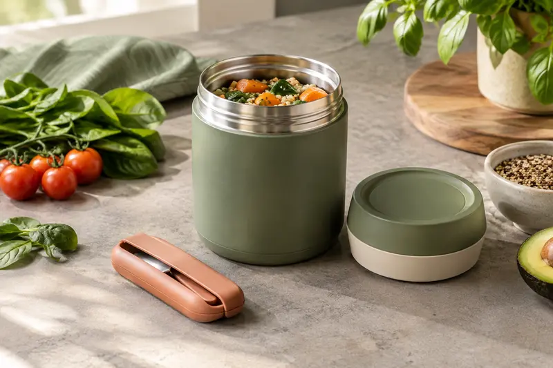 Contenant repas isotherme et accessoires présentés pour illustrer les critères de sélection