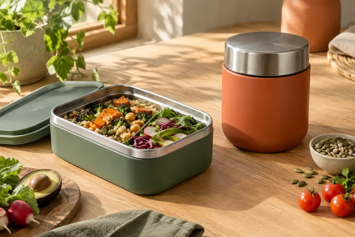 Boîte repas isotherme et pot repas disposés avec un déjeuner prêt à emporter